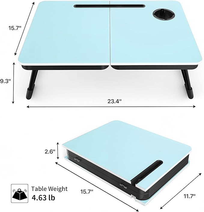 BUYIFY Foldable Laptop Bed Desk for Couch, Sofa - Large Lap Desk Tray Table with Cup Holder and Tablet Slot - Portable Notebook Stand for Eating, Writing, Studying and WFH (Blue)-USA Original Patent