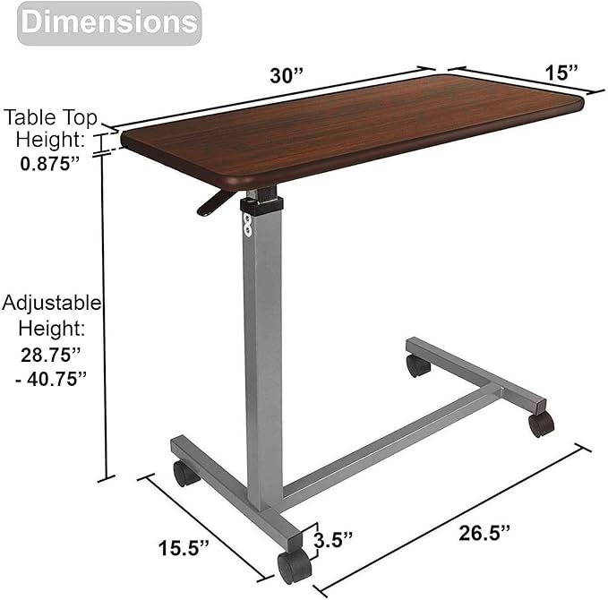 Vaunn Medical Cart Pneumatic Adjustable Overbed Table with Wheels – Rolling Bedside Table for Hospital, Portable Standing Cart & Laptop Desk for Bed, Couch, Wheelchair
