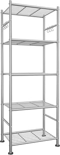 Sakugi Storage Shelves - 5-Tier Large Capacity Shelf Organizer with Hooks, Heavy-Duty Garage Shelving with Leveling Feet, Wobble-Free Rack for Bedroom, Balcony, Garage, 18.1"×12.4"×56.8", Silver
