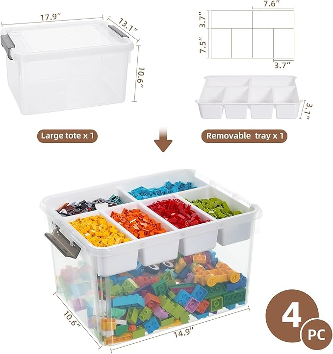 Citylife 32 QT Plastic Storage Bins with Removable Tray Large Stackable Storage Containers for Organizing Craft Storage and Storage Craft, Clothes, Files, Office Supplies, 4 Packs