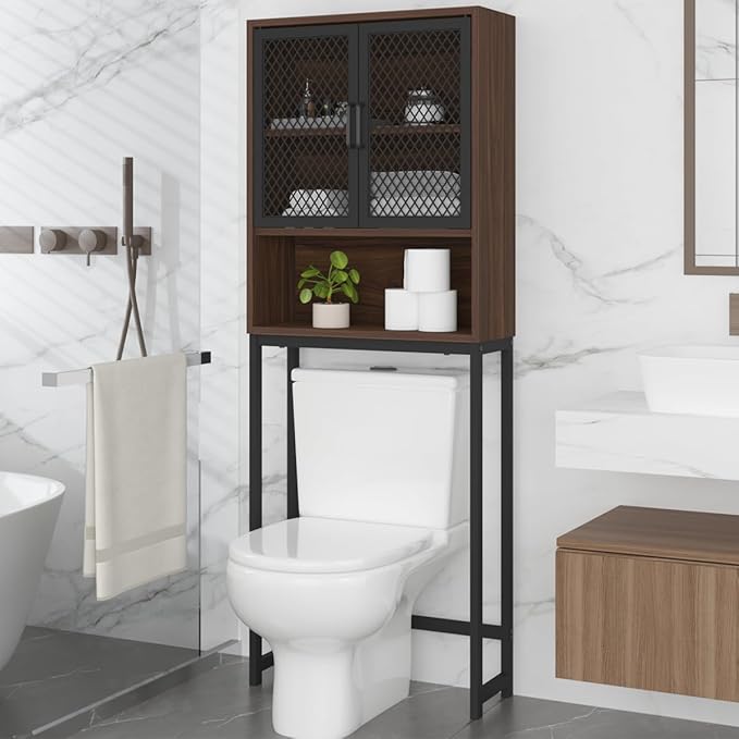 Launica Over the Toilet Storage Cabinet, Over Toilet Bathroom Organizer with Mesh Doors and Shelves, Freestanding Bathroom Storage Cabinet Above Toilet, Wood and Metal, Walnut