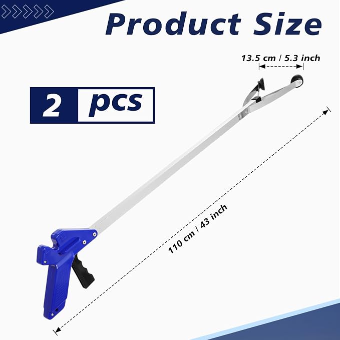 Sabary 2 Pcs 43 Inch Suction Cup Grabber Reacher Heavy Aluminum Trash Pick up Stick, Long Handy Aids Nonslip Claw Reach Tool for Elderly Pick up Trash Arm Extension Litter Picker(Blue)