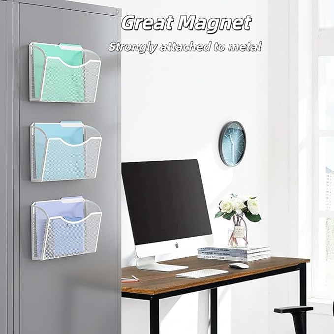 MINDEPOT Magnetic Wall File Holder - Metal Mesh Wall File Organizer with Powerful Magnet Single Pocket Wall Folder Holder for Office File Cabinet Whiteboard, No Assembly Required, Space Saver, White