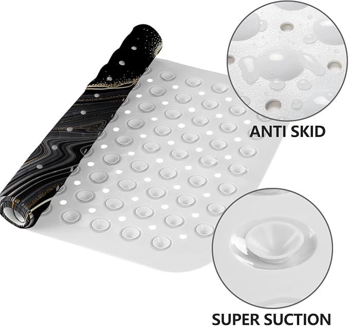 LNOND Marble Bath Tub Mat Non Slip, Extra Long 40 X 16 Inch Anti Slip Mat for Bathtub, Black Gold Marble Shower Mat with Drain Holes and Suction Cups, Machine Washable
