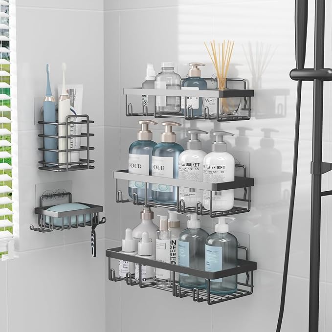 Liuoud 5 Pack Shower Caddy Organizer Rack Shelf for Inside Shower, Self Adhesive Bathroom Wall Storage Basket Rustproof Stainless Steel Large Capacity Shampoo Holder, Dark Grey