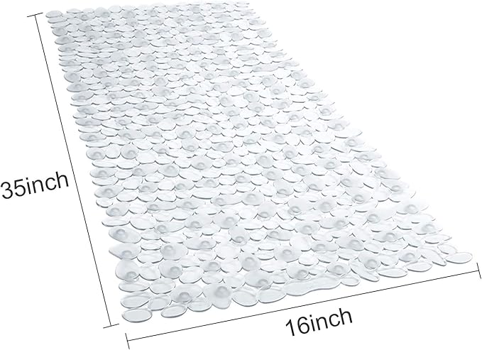 WELTRXE Non Slip Bath Mat Pebbles Bathtub Mat with Suction Cups, Drain Holes for Bathroom Showers, Tub, 35 x 16 Inches Machine Washable Bathroom Mats BPA, Latex Free Safe Shower Mats - Clear