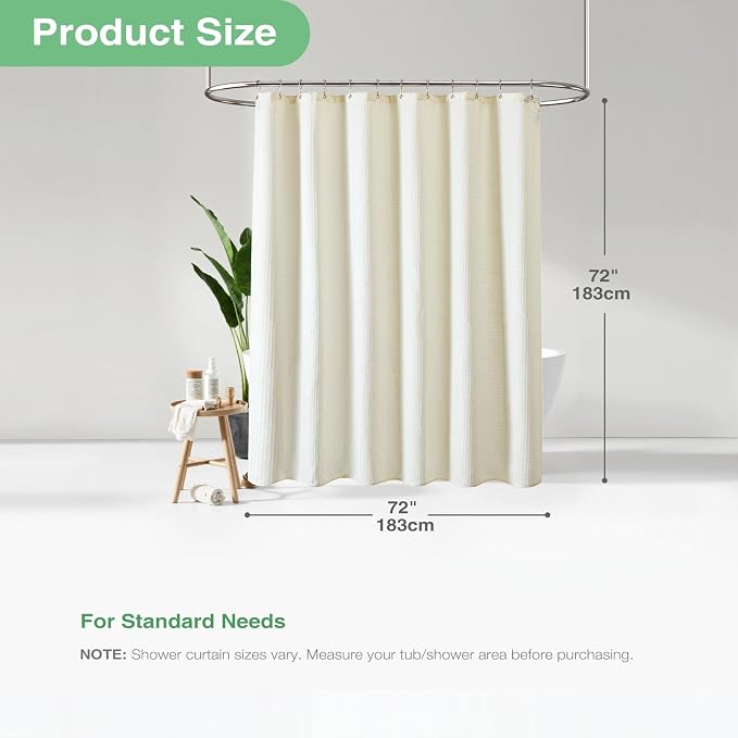 Dynamene Ivory Fabric Shower Curtain - Waffle Textured Heavy Duty Cloth Curtains for Bathroom, 256GSM Hotel Luxury Weighted Polyester Bath Curtain Set with 12 Plastic Hook, 72Wx72H,Cream/Ivory