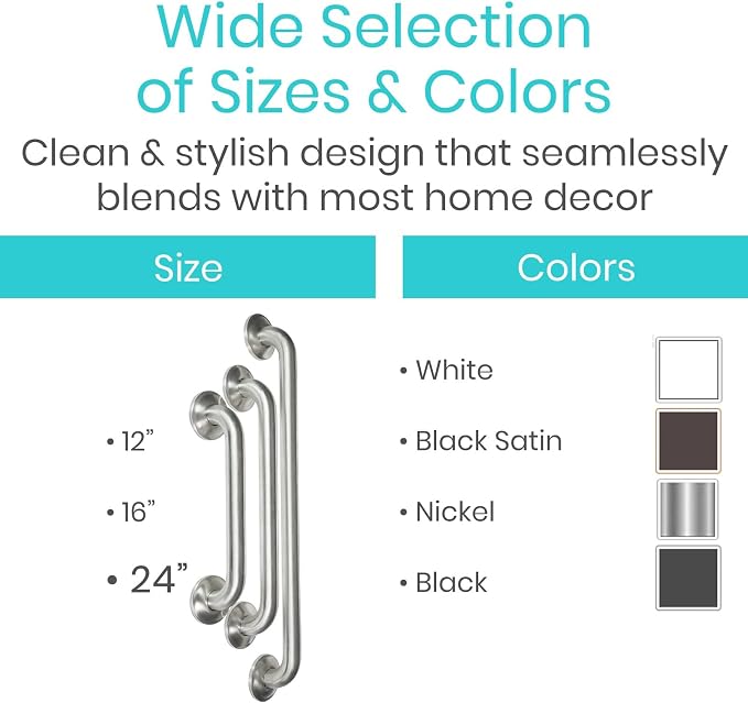 Vive Grab Bar for Showers - Bathroom Antislip Handrail for Seniors, Elderly Assistance Product, Heavy Duty Shower Handles, Handicap Grab Bars, Stainless Steel, Multipurpose, 440 lbs (Brushed Nickel)
