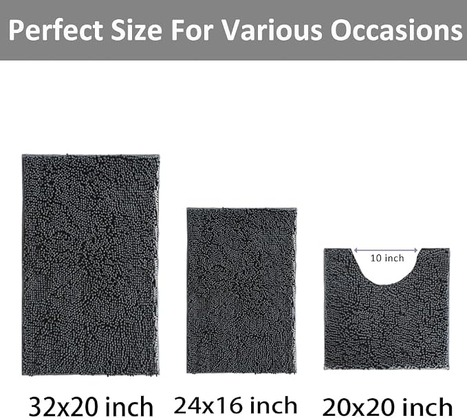 Bathroom Rugs Set Non Slip 3 Piece Bath Mat Washable Chenille Bath Rugs with PVC Backing Bath Carpet,Absorbent Bathroom Mats with Toilet Rug,Bath Mats for Bathroom,Bedroom, Kitchen,Tub,Home Decor