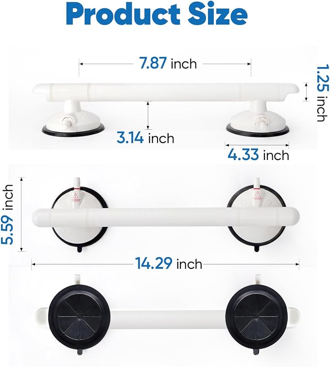 Suction Grab Bars for Shower, 14.4 Inch 350 LBS Weight Support Shower Handles with Safety Indicator, 2 Pack Grab Bars for Seniors and Elderly, No Drilling Removable Bathtub Grip, White
