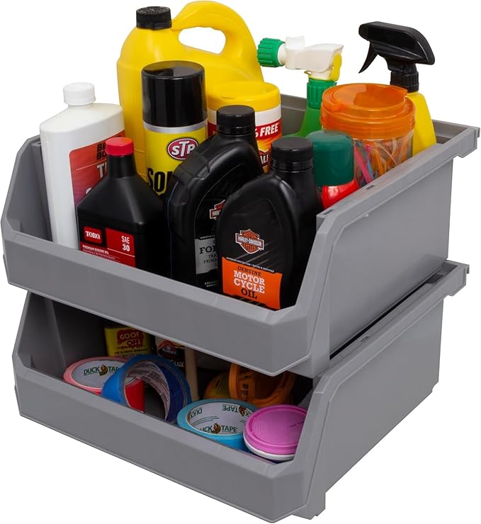 ReadySpace Plastic Containers for Organizing and Storage Bins for Closet, Kitchen, Office, Garage or Pantry Organization, Stackable Bins, Extra Large (14.8" x 16.5" x 7"), 4-Pack, Grey