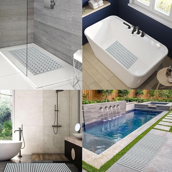 Bath Mat Non Slip Shower Mat Bathtub with Drain Holes and Heavy Duty Rubber No Suction Cups Sturdy Shower Stall Tub Mat for Bathroom, Shower Floor, Pool, SPA, (Grey, 4FT X 38FT)