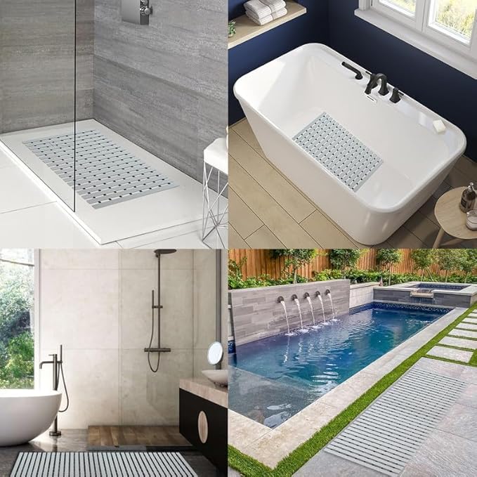 Bath Mat Non Slip Shower Mat Bathtub with Drain Holes and Heavy Duty Rubber No Suction Cups Sturdy Shower Stall Tub Mat for Bathroom, Shower Floor, Pool, SPA, (Grey, 4FT X 43FT)