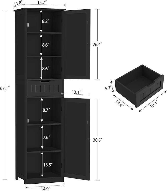 TEENFON 67" H Tall Storage Cabinet with 2 Doors and 1 Drawer, Narrow Black Cabinet with Adjustable Shelves, for Bathroom, Living Room, Entryway, Kitchen, Black