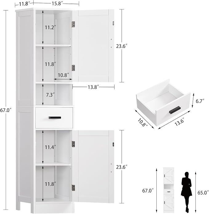 TEENFON 67" H Bathroom Storage Cabinet with Barn Doors & Adjustable Shelves, Bathroom Cabinet with Drawer, Narrow Bathroom Storage Unit, Floor Cabinets for Living Room, Kitchen, White
