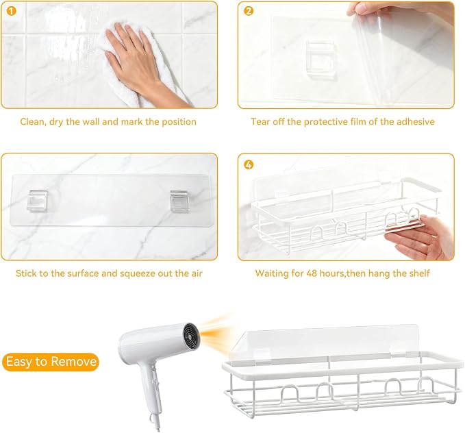 Adhesive Shower Caddy, Large Capacity Shower Racks for Inside Shower, No Drill Bathroom Shower Organizer and Storage, 2 Pack White Bathroom Shelves, Home Decor Rv Accessories, Apartment