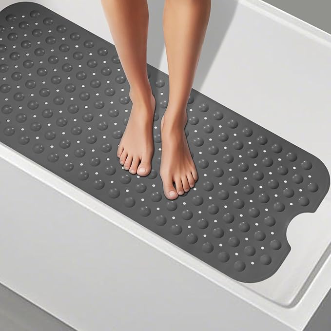WarmSnow（TPE） Long Bathtub Mat Non Slip 39.5 x 16 Inch, Inside Shower Mats with Suction Cups & Drain Holes, Soft TPE Bath Mat for Tub, Quick-Drain Bathroom Floor Mats, Dark Gray
