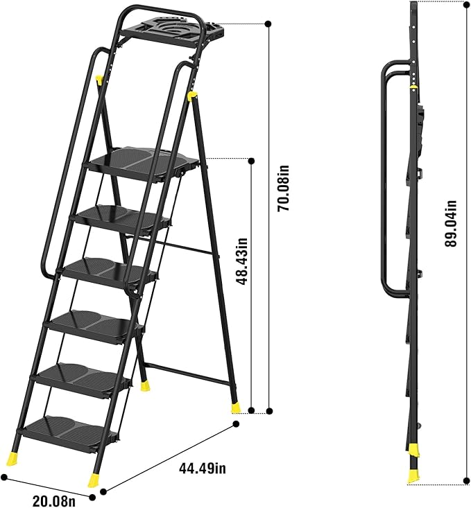 6 Step Foldable Step Ladder Stool with Roomy Tool Tray and Secure Handrail, Foldable Platform Ladder 6 Step Folding Stepstools with Wide Pedals and 800lbs Weight Capacity for Adults, Home, Kitchen