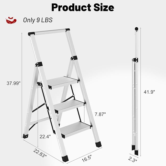 3 Step Ladder Aluminum Lightweight Folding Step Stool, 600lbs Max Load Heavy Duty Step Stool with Safety Handrail, Slim Foldable Kitchen Stool with Anti-Slip Pedal for Home Sliver，3 Steps