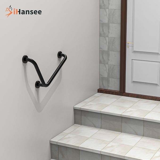 L-Shaped Angled Grab Bar 12x16 Inch Matte Black Anti-Slip Knurled Shower Handles Wall Mount, Stainless Steel Shower Bars for Seniors Injured Balance Support, Handicap Grab Bars for Bathtubs & Showers