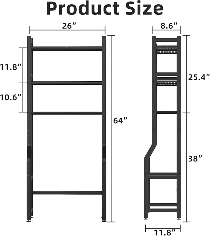 Livilord 3 Tier Over The Toilet Storage Rack with Toilet Paper Holder, Metal Freestanding Bathroom Shelves with 4 Hooks, Over Toilet Storage Shelf for Bathroom Storage, Black