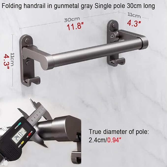 Shower Grab Bar, Folding Grab Bar with Hooks for Tub and Shower, Heavy Duty Shower Handle for Senior Bathroom Grab Bar, Gray30cm