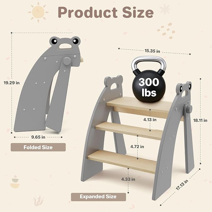 Step Stool for Toddlers, 3-Step Kids Step Stool for Bathroom Sink, Foldable Toilet Potty Training Bamboo Wooden Stool with Handles and Non-Slip Pads for Bedroom, Kitchen Stool Helper, Grey