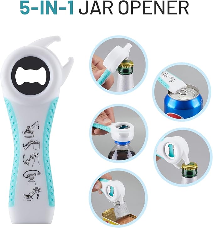 Jar Bottle Opener for Weak Hands,4 &5 in 1 Multi Function Non-Slip Can Lid Opener Tools with Silicone Jar Gripper Pad,Suitable for Seniors,Children and Arthritic Hands (Lake Green)
