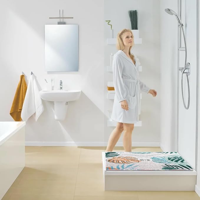 Square Shower Mat, Yonala 24 x 24 Inch Stylish Non Slip Shower Mats for Inside Shower with Central Drain Hole, Soft Trimmable PVC Loofah Anti Slip Shower Mat for Walk in Shower Stall, Quick Drying