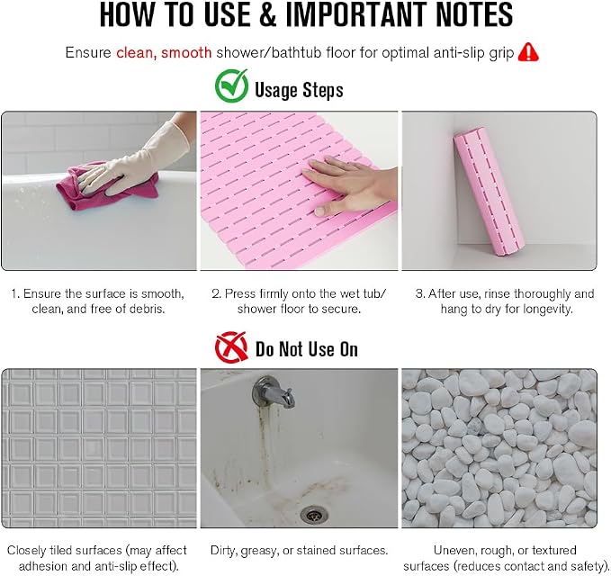 MBOSS Bath Tub Shower Mat Non Slip Bathtub Mats for Bathroom Shower Floor Mat Bath Mats for Shower Tub Anti Slip Shower Mat with Drain Hole and Large Suction Cups (Pink, 27.5 X 15.7 Inch)