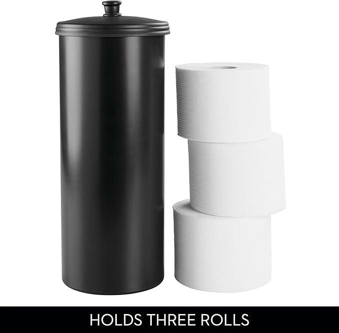 iDesign Freestanding Bathroom Toilet Paper Storage Holder with Lid for 3 Extra Rolls, Matte Black