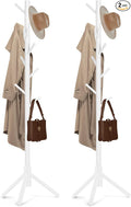 2 PC Wooden Coat Rack Freestanding with 8 Hooks & 3 Adjustable Sizes for Clothes, Space-Saving Design for Bedroom Office Entrance Holds Hats Coats Scarves Bags