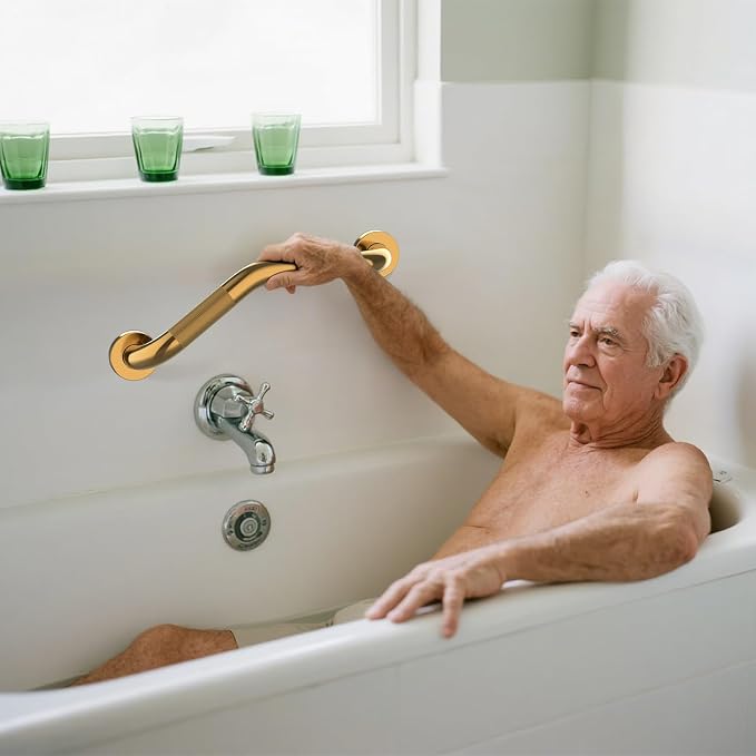 16 Inch Munzong Shower Grab Bars for Seniors, Gold Angled Anti Slip Grab Bars for Bathtubs and Showers Safety Hand Rail Support Handicap Elderly Injury Senior Assist Bath Handle