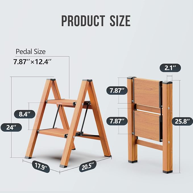 WOA WOA 2 Step Ladder, Foldable Step Stool, Aluminum Lightweight Ladder for Home Kitchen Closet, Anti-Slip Pedals, Ease of Folding, Portable, 300lbs Capacity - Wood Grain