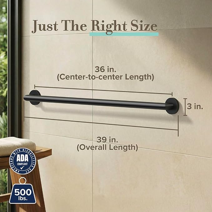 Gatco 966MX Glam 36" L Grab Bar, Matte Black/ADA Compliant Stainless Steel Safety Grab Bar for Bathroom
