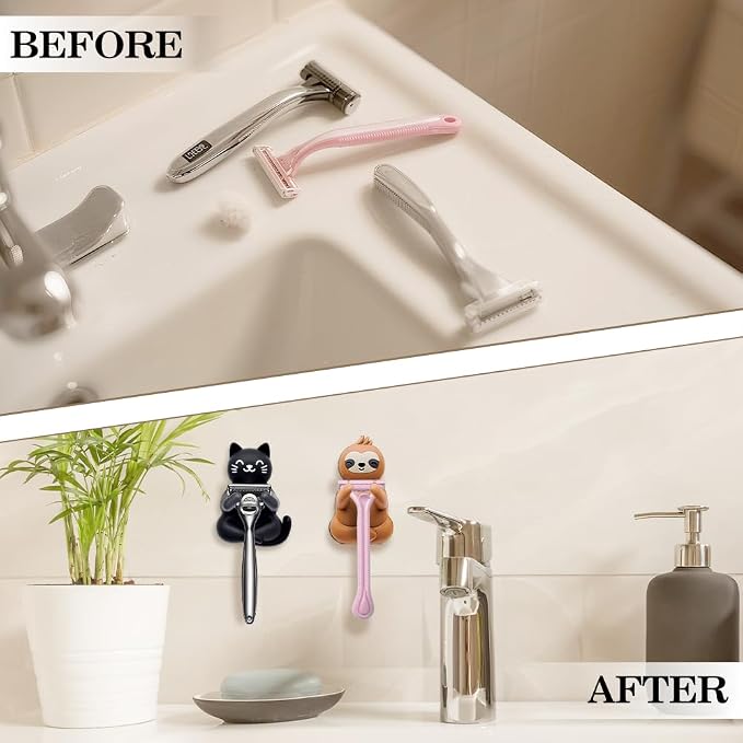 Cute Cat and Sloth Waterproof Self-Adhesive Shower Hook Set, Black Cat and Brown Sloth Razor Holder Bathroom Accessory for Men Women Animal Lover, Animal Lover Bathroom Decor Gifts for Women Men