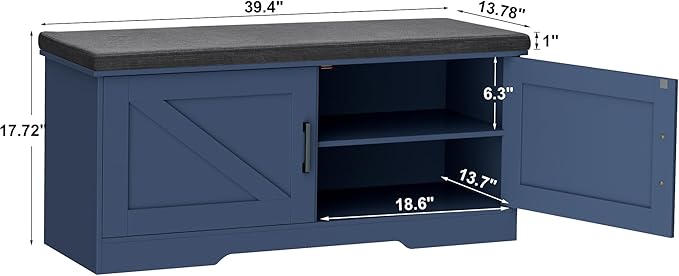 HOMSHO 2-Tier Storage Bench, 39.4" Wide Shoe Bench with Padded Seat Cushion, Entryway Bench with 2 Barn Doors and Adjustable Shelf, Blue