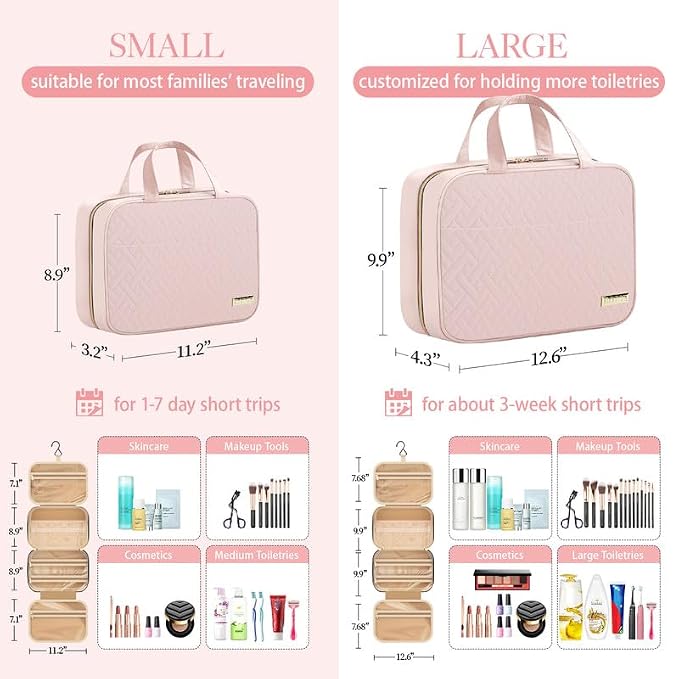HOTOR Travel Toiletry Bag - Hanging Toiletry Bag for Women & Men, Makeup Bag/Big Comparment, Waterproof for Travel Accessories, Travel Essentials, Medium, Pale Pink
