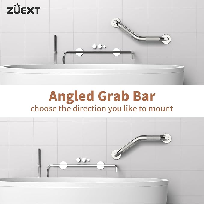 16 Inch Angled Grab Bar, ZUEXT Anti-Slip Shower Grab Bar Handles w/Knurled Texture Grip, Chrome Stainless Steel Bathroom Balance Bar, Safety Hand Rail Support for Handicap Elderly Injury Senior