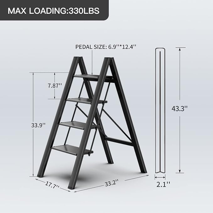 4 Step Ladder Folding Step Stool with Anti-Slip Sturdy and Wide Pedal for Adults&Elderly, Aluminum Portable Lightweight Stepladder for Home Kitchen Office, Black, 330lbs