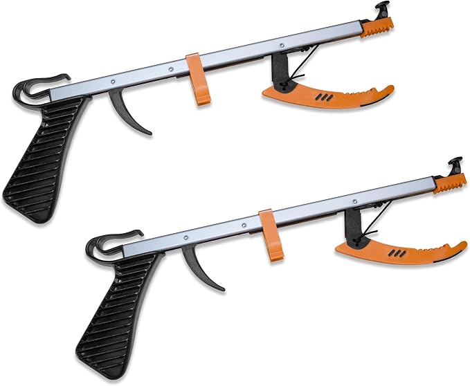 Rehabilitation Advantage Compact Reacher Grabber Tool, 15" Reach Extension, Set of 2, Rubberized Jaws, 3" Wide Grip, Lightweight Aluminum Pick Up Tool, Handle for Travel, Home, and Hard-to-Reach Items