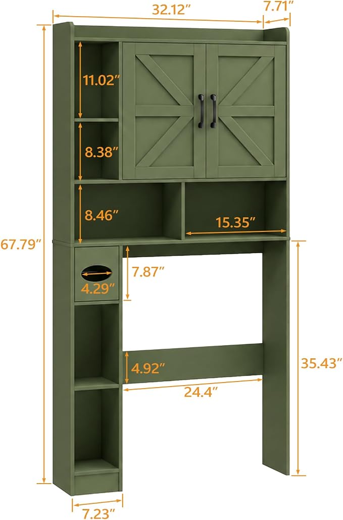 Vabches Over The Toilet Storage Cabinet, Farmhouse Storage Cabinet Over Toilet with 2 Barn Doors & Toilet Paper Holder Stand，Home Space-Saving Toilet Rack, for Bathroom, Restroom, Laundry. Green