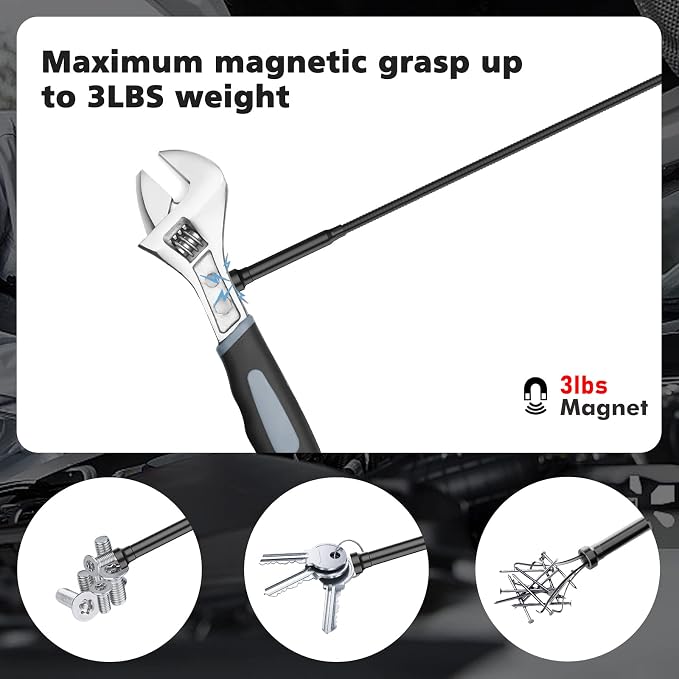Housolution 28.34in Grabber Tool Magnetic Four-Claw Picker, Bendable Hose Reacher Pickup Sweeper with LED Light Battery, Flexible Long Handy Reaching Assist Tool for Litter Pick/Home Sink/Drain, Black