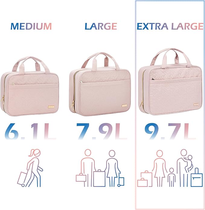 NISHEL Travel Toiletry Bag for women, Portable Hanging Organizer for Family-Sized Shampoo, Conditioner, Brushes Set, Makeup Accessories, Extra Large Size, Pink