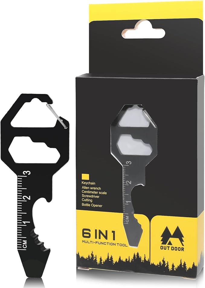 Mini Keychain Bottle Opener Multi Tool, Stainless Steel 6 in 1 Tool (Keychain, Bottle Opener, Wrench, Pry Bar, Metric Ruler,Cord Cutter) Includes Gift Box, Key Chain Tool For Men