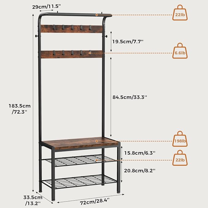 Hall Tree with Bench and Shoe Storage, 4-in-1 Entryway Organizer with 10 Hooks and Storage Shelf,Coat Rack Freestanding with 2-Tier Storage Shelf for Living Room, Bedroom Rustic
