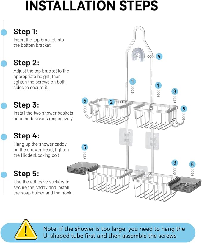 Adjustable Shower Caddy Hanging - Never Rust Shower Organizer Hanging, Aluminum Shower Racks for Inside Shower - Bathroom Organizers and Storage with 2 Soap Holders and 2 Removable Hooks, Silver