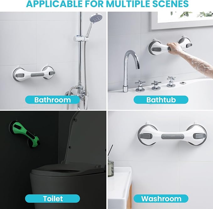 TAILI Shower Grab Bar Glow in The Dark, 2 Pack 12.2 in Grab Bars for Bathtubs and Showers,Shower Handles Rails for Seniors and Elderly,Bathroom Safety Grip Removable No Drilling Waterproof Grey,G9