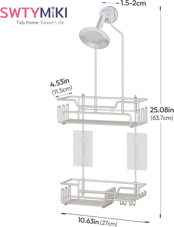 SWTYMIKI Bathroom Shower Caddy Hanging - Extended Length 2 Tier Rustproof Over Shower Head Organizer, No Drilling Bathroom Shelf with 14 Hooks & Soap Holder, Anti-Swing Rack, Sand Nickel
