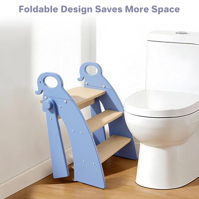 Wooden Step Stool for Toddlers, 3 Foldable Step Stool for Kids Bathroom Sink & Potty Training, Bamboo Toddler Stool with Blue Elephant Handles and Non-Slip Pads for Bedroom, Kitchen Helper